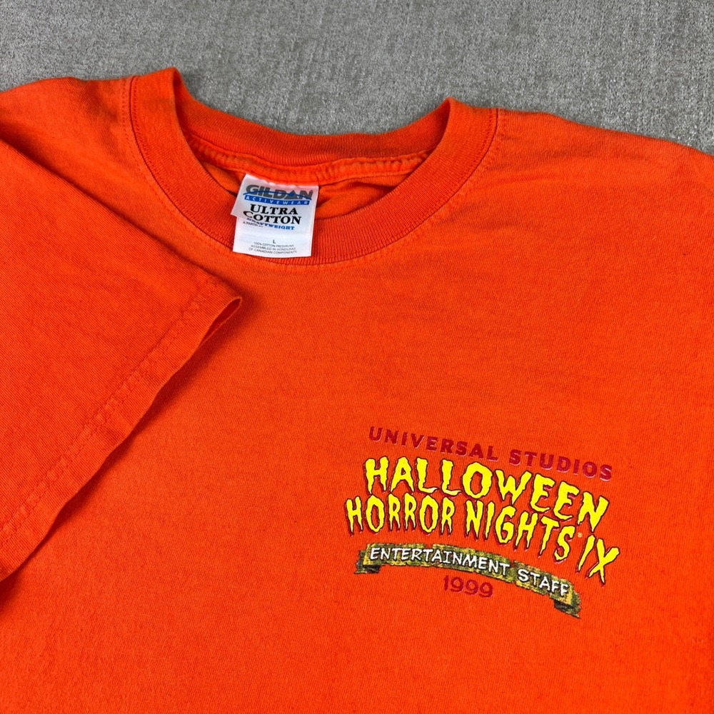 Vintage Halloween Horror Nights IX T Shirt Men's L Orange 1999 Universal Staff